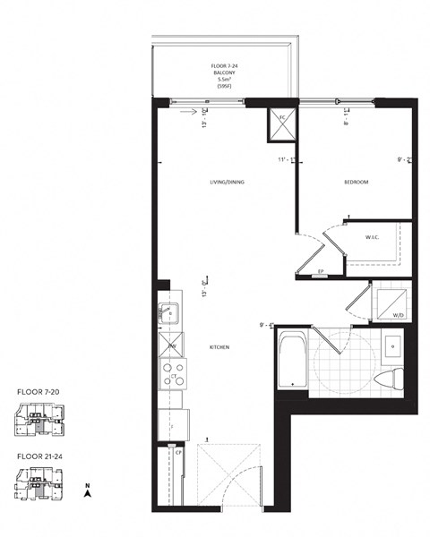 Floor plan for 1 bed, 1 bath, 629 sqft